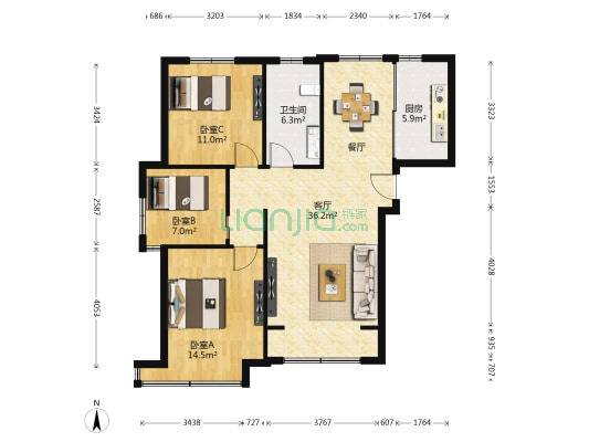 昊宇山海湾 3室1厅1卫 104平方