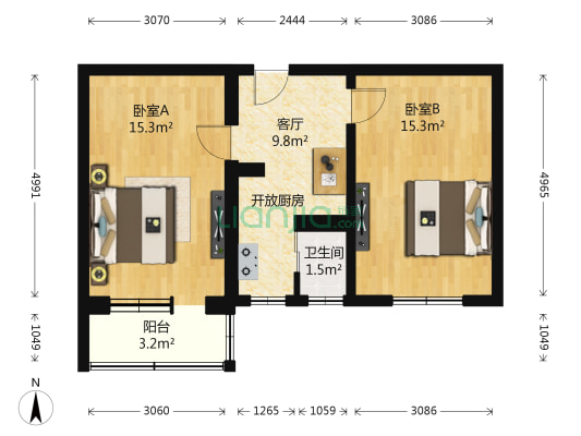 双旗杆东里 2室1厅1卫 60平方
