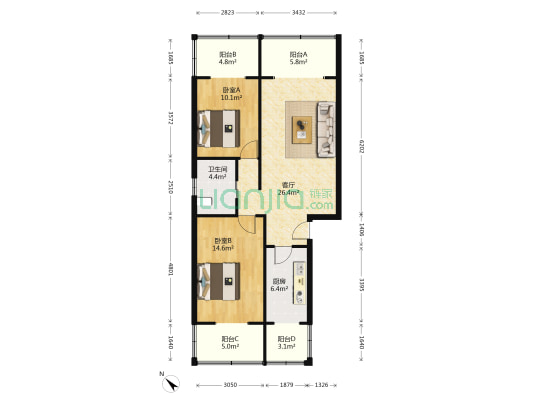 新13号院 2室1厅1卫 98平方