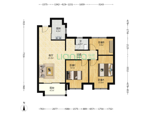 永和家园三期北区 3室1厅1卫 92平方