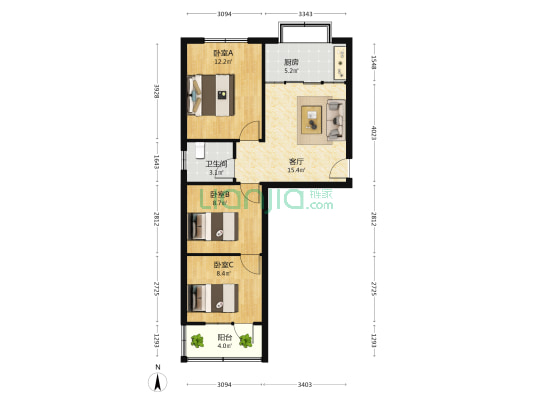 新华区翔翼路政府宿舍 3室1厅1卫 70平方