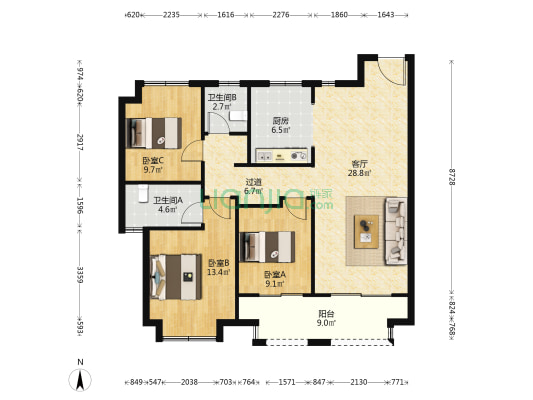 吾悦华府二期 3室1厅2卫 115平方