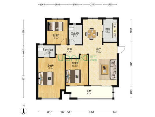 太湖雍华府二期 3室1厅2卫 109平方