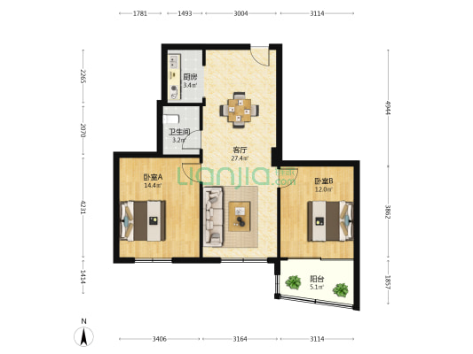 知音大厦 2室1厅1卫 87平方