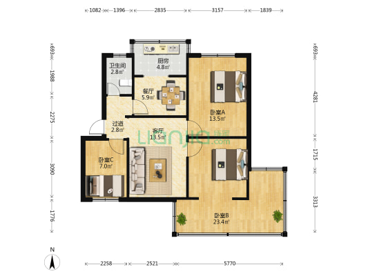 安康路201号 3室2厅1卫 64平方
