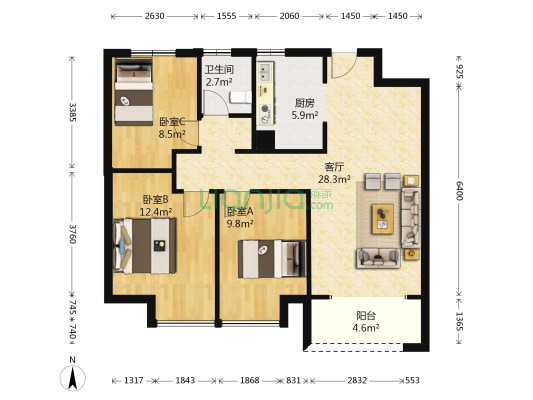 红星国际广场 3室1厅1卫 97平方