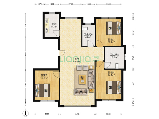 源山别院 3室1厅2卫 146平方