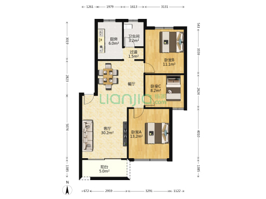 金竹花园 3室1厅1卫 92平方