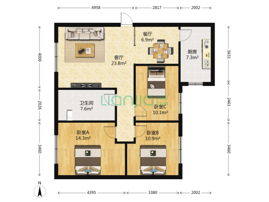 铁路公寓 3室2厅1卫 98平方