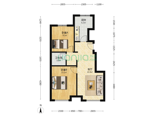 经典南北通透两居室，一梯两户，采光无遮挡-户型图