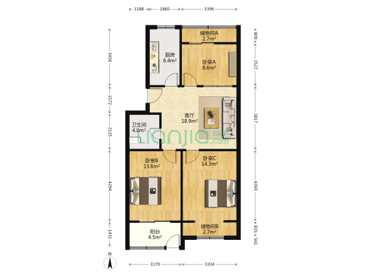 欧洲小镇 3室1厅1卫 90平方