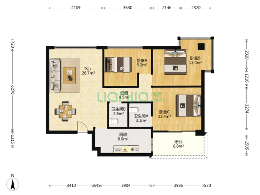 国大大厦 3室1厅2卫 115平方