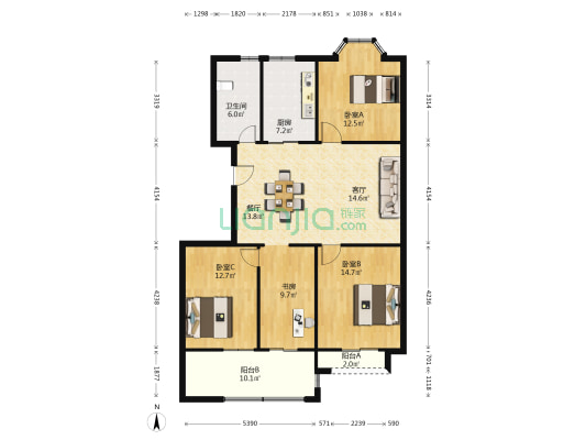 幸福路小区 4室2厅1卫 140平方