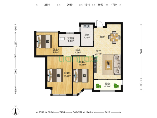 大唐东汇小区 3室1厅1卫 96平方