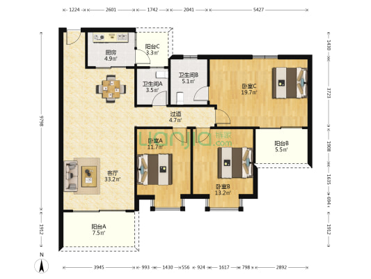海愉苑 3室1厅2卫 129平方