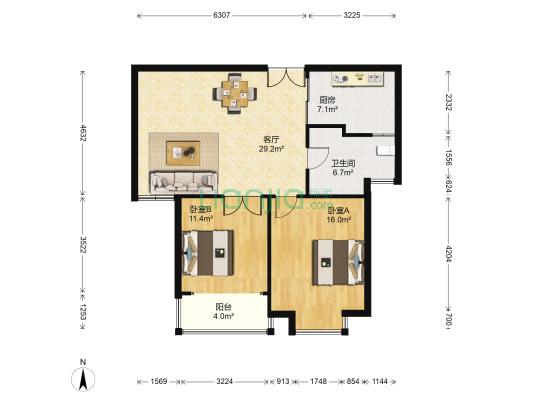 通宇林景御园 2室1厅1卫 87平方