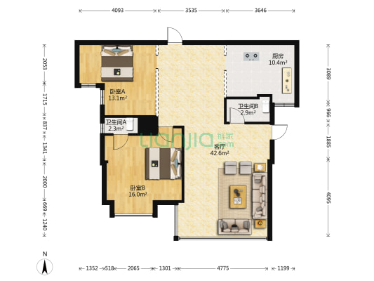 广场明珠 2室1厅2卫 121平方
