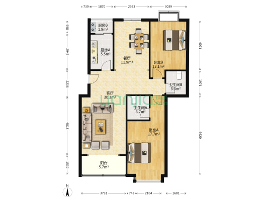 佰仕达花园 2室2厅2卫 108平方