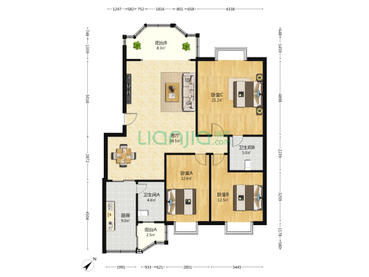琼隆花园 3室1厅2卫 127平方