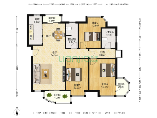人才家园 3室1厅2卫 130平方