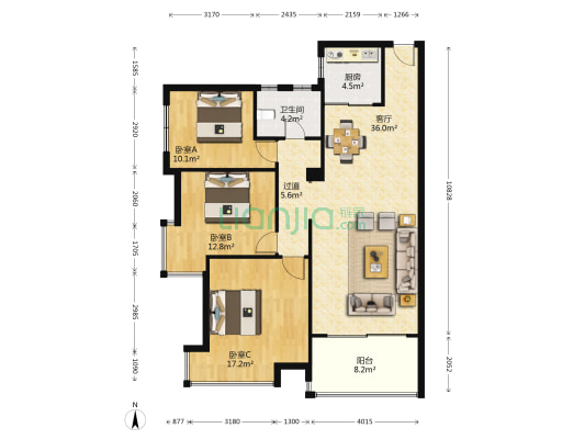 天泽一方 3室1厅1卫 117平方