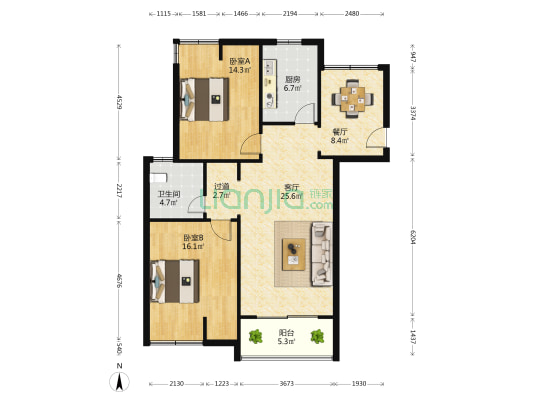 学府雅居 2室2厅1卫 98平方