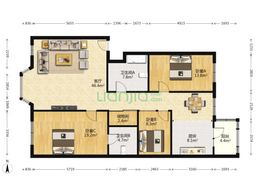 峰尚福成 3室1厅2卫 153平方
