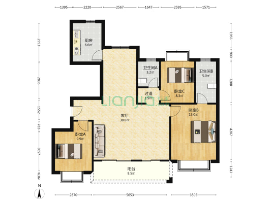 钟山峰景 3室1厅2卫 129平方