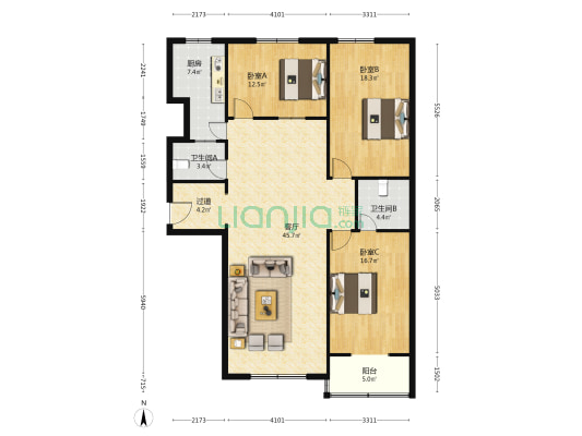 世纪华庭 3室1厅2卫 145平方