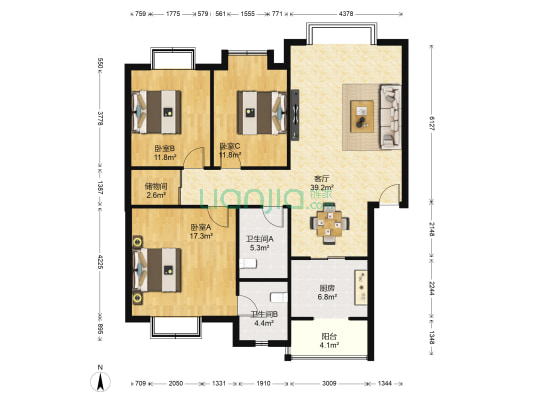 中铁十三局住宅小区 3室1厅2卫 124平方
