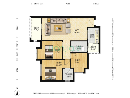 海悦花园 3室1厅2卫 89平方