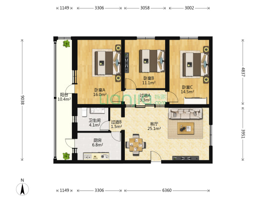 南小园 3室1厅1卫 120平方
