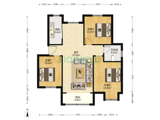 东南·悦湖 3室1厅1卫 100平方