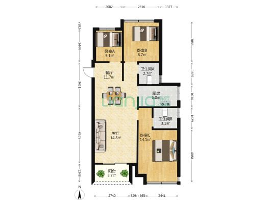 文星苑 3室2厅2卫 89平方