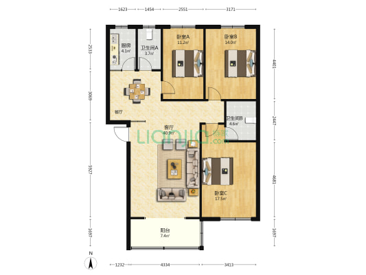 怡苑小区 3室1厅2卫 125平方