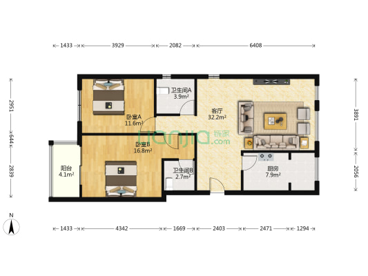 天恒花园 2室1厅2卫 106平方