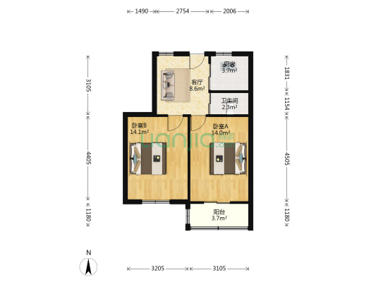 健康路47号 2室1厅1卫 57平方