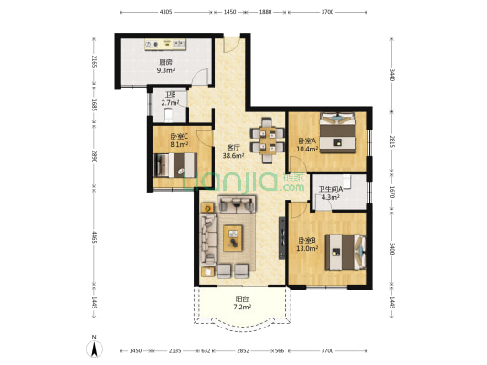 兴合家园 3室1厅2卫 108平方