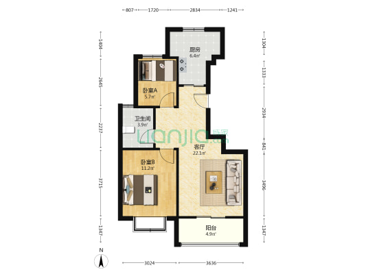 天地新城  南北通透两居室  低价出售  看房随时有钥匙-户型图
