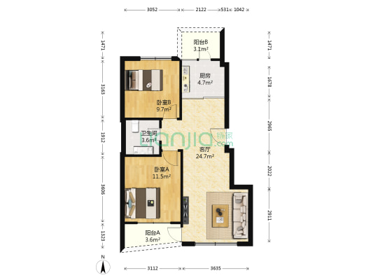 伴山润城 2室1厅1卫 84平方