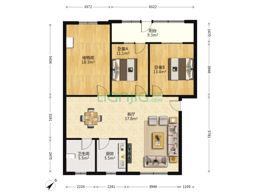 三元公寓 2室1厅1卫 130平方