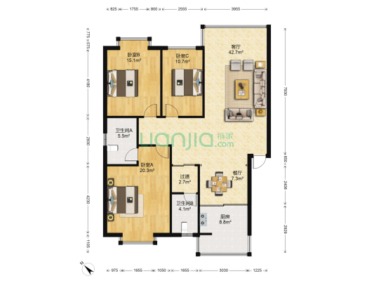 玉龙山水花园 3室2厅2卫 142平方