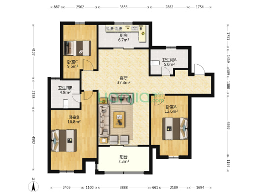 万科北宸天地 3室1厅2卫 120平方
