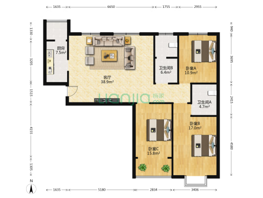 华宁春天 3室1厅2卫 137平方