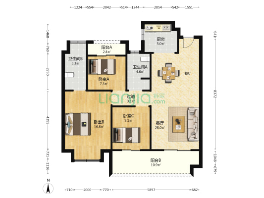 上坤都会四季 3室1厅2卫 116平方