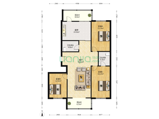 园丁新区 3室1厅2卫 156平方