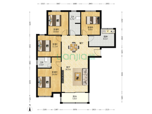 丽景天成 4室1厅2卫 140平方