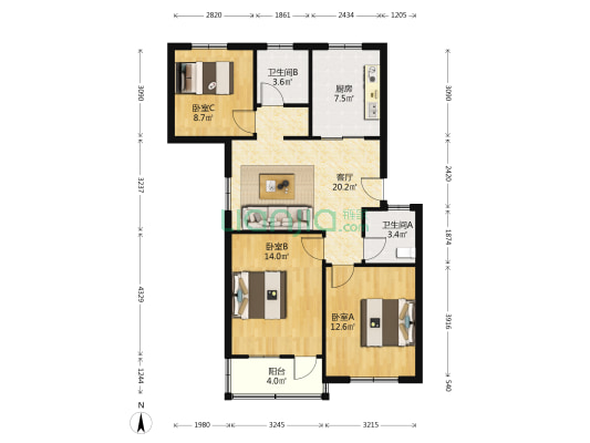 莫厘二村 3室1厅2卫 90平方