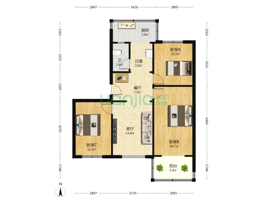 外贸包装宿舍 3室2厅1卫 92平方