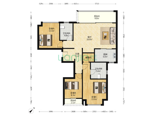 武汉沙湖中心 3室1厅2卫 139平方